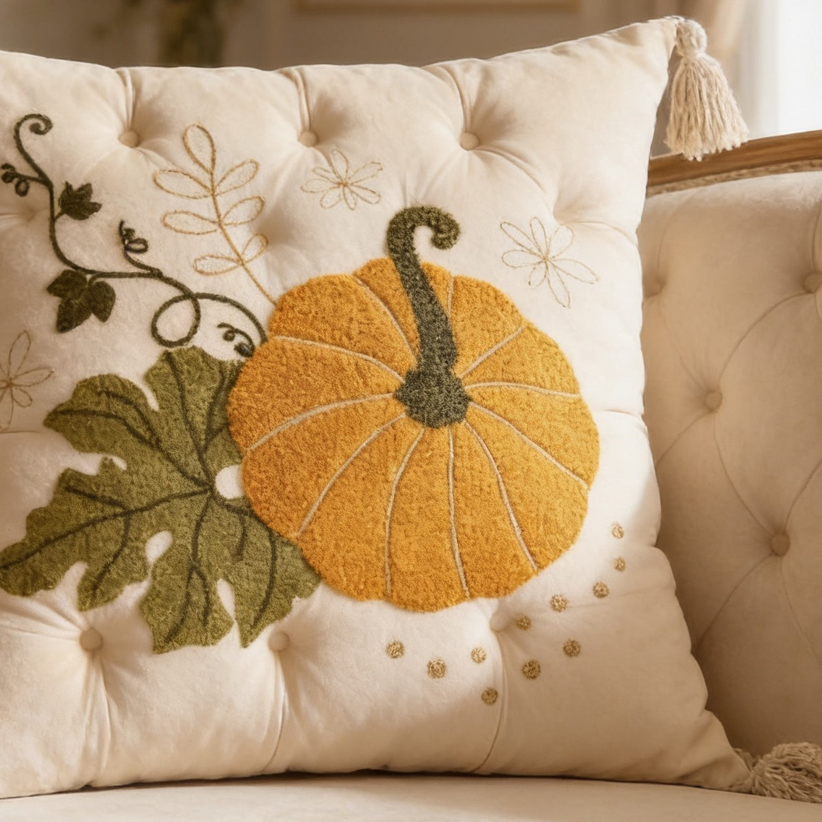 Pumpkin tufted velvet pillow on sofa