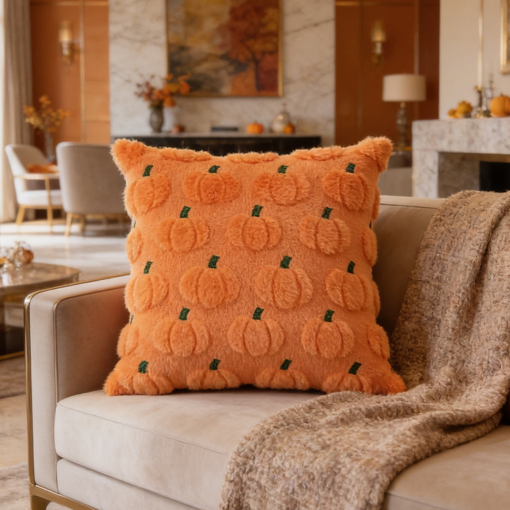 Close crop of an orange pumpkin cushion tucked into the corner of a light armchair
