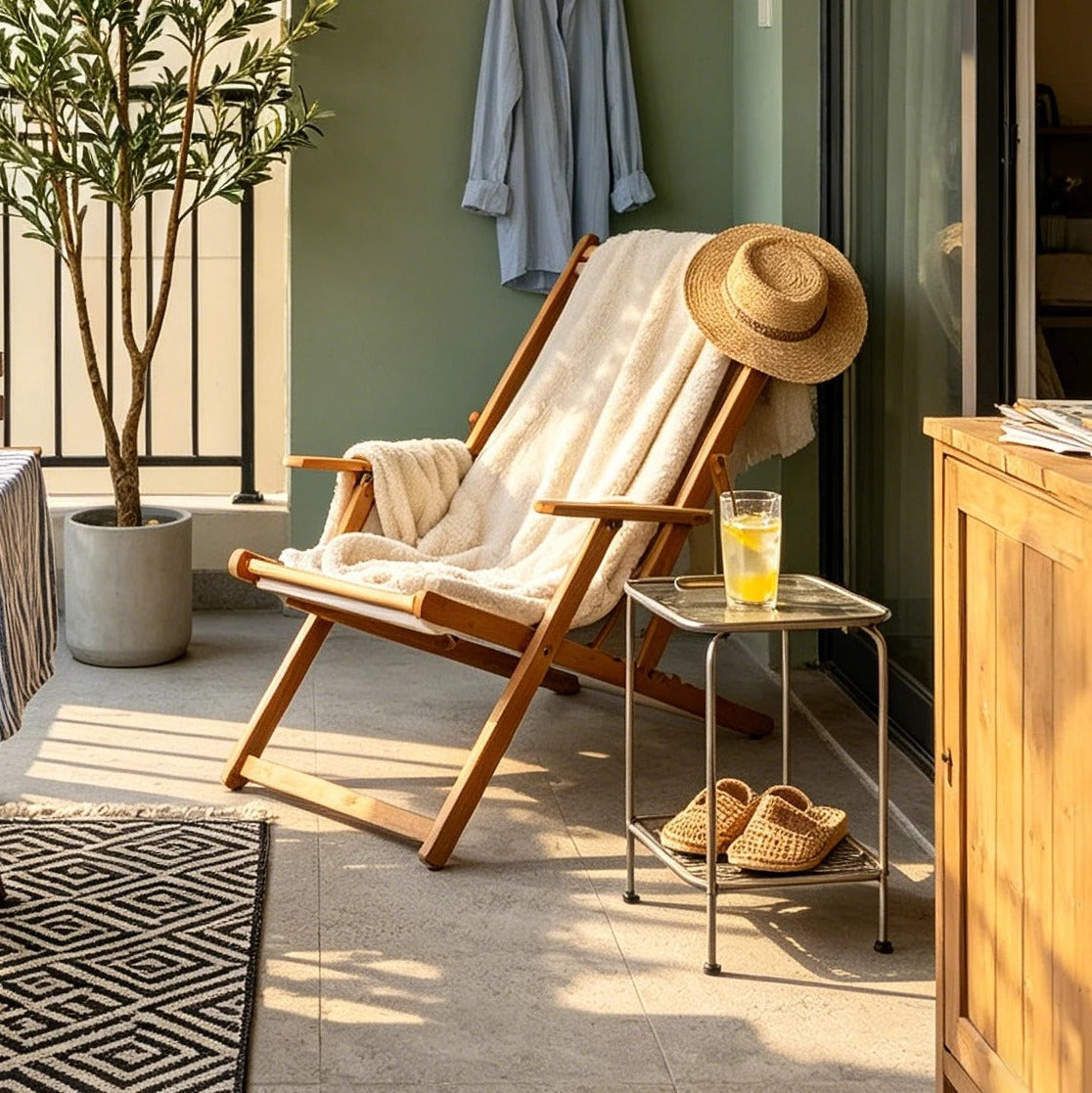Olive tree on a shaded porch next to a wooden sling chair, straw hat and cold drink
