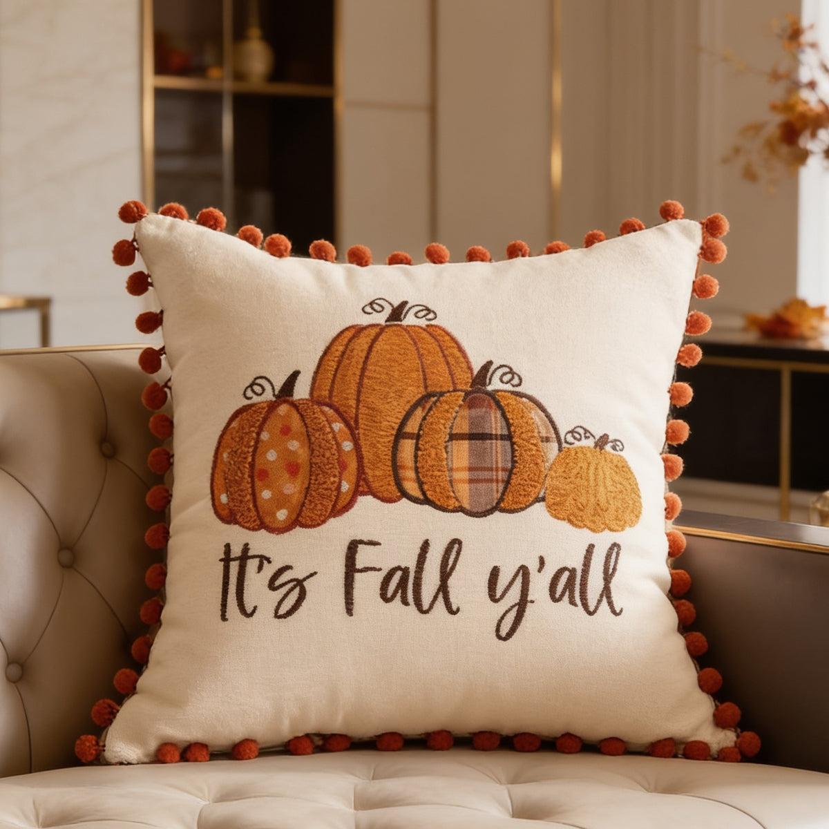 Pumpkin tufted velvet pillow detail