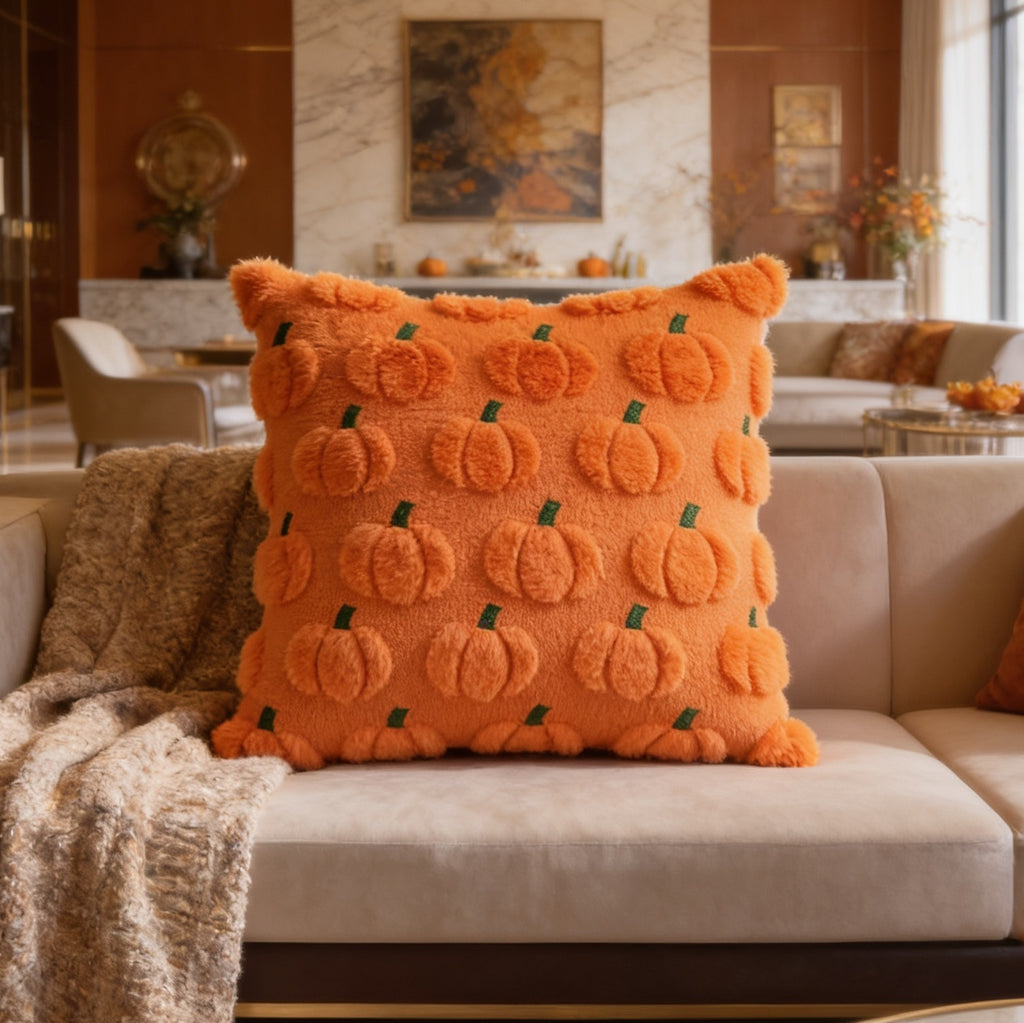 Orange tufted pumpkin cushion propped on a velvet armchair with a nubby throw over the arm