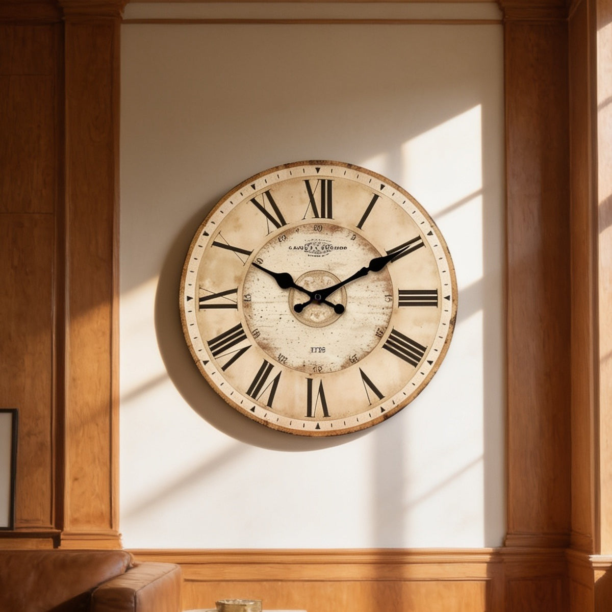 Roman numeral clock mounted on warm wood paneling in strong afternoon light