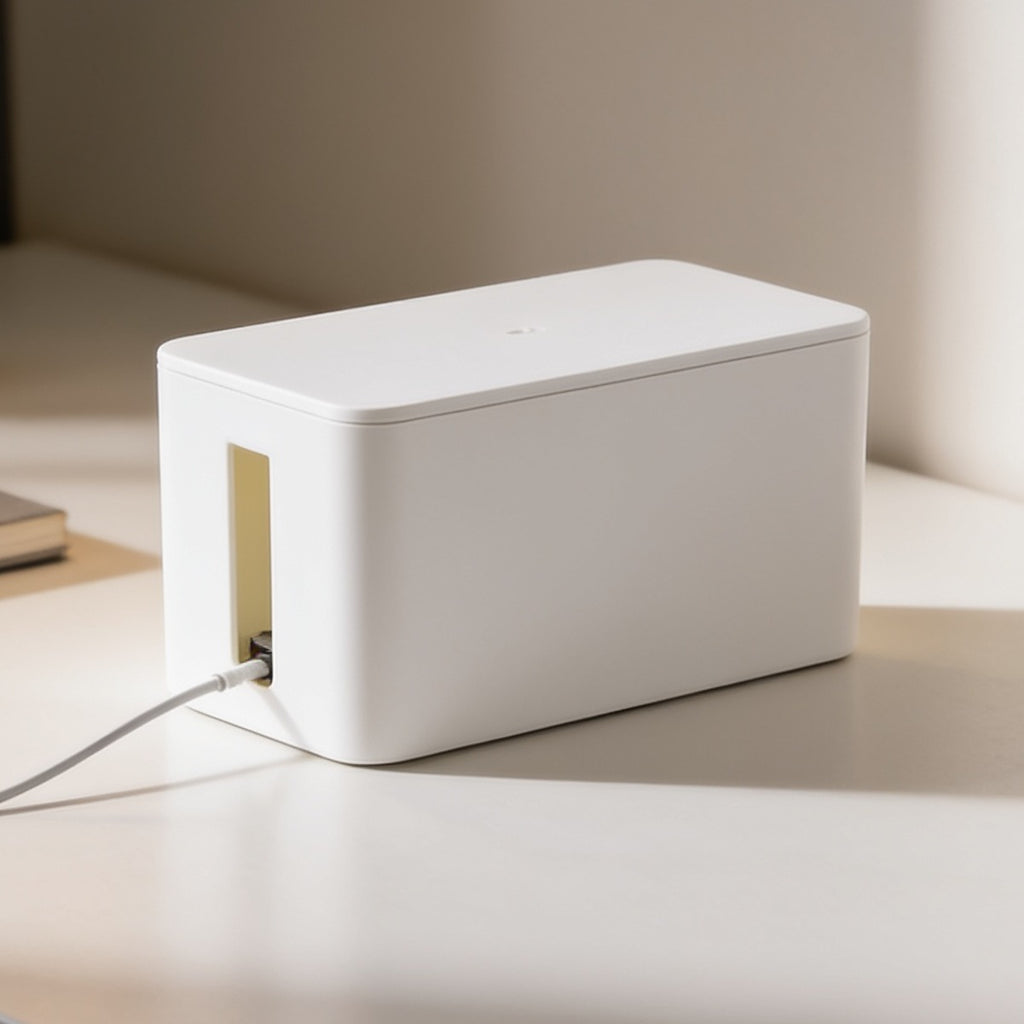 White lidded cord box on a bright desktop with one cable slipping out the side