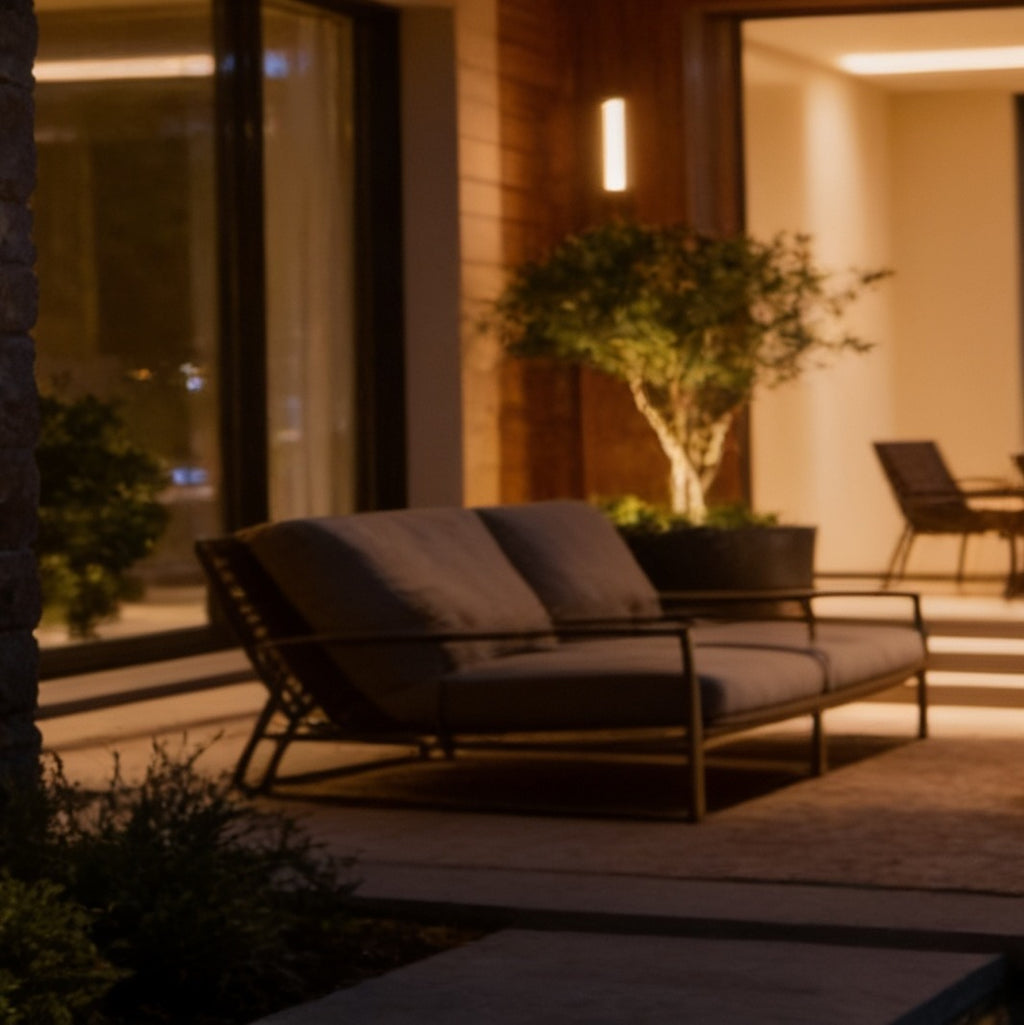 Linear outdoor wall light lit