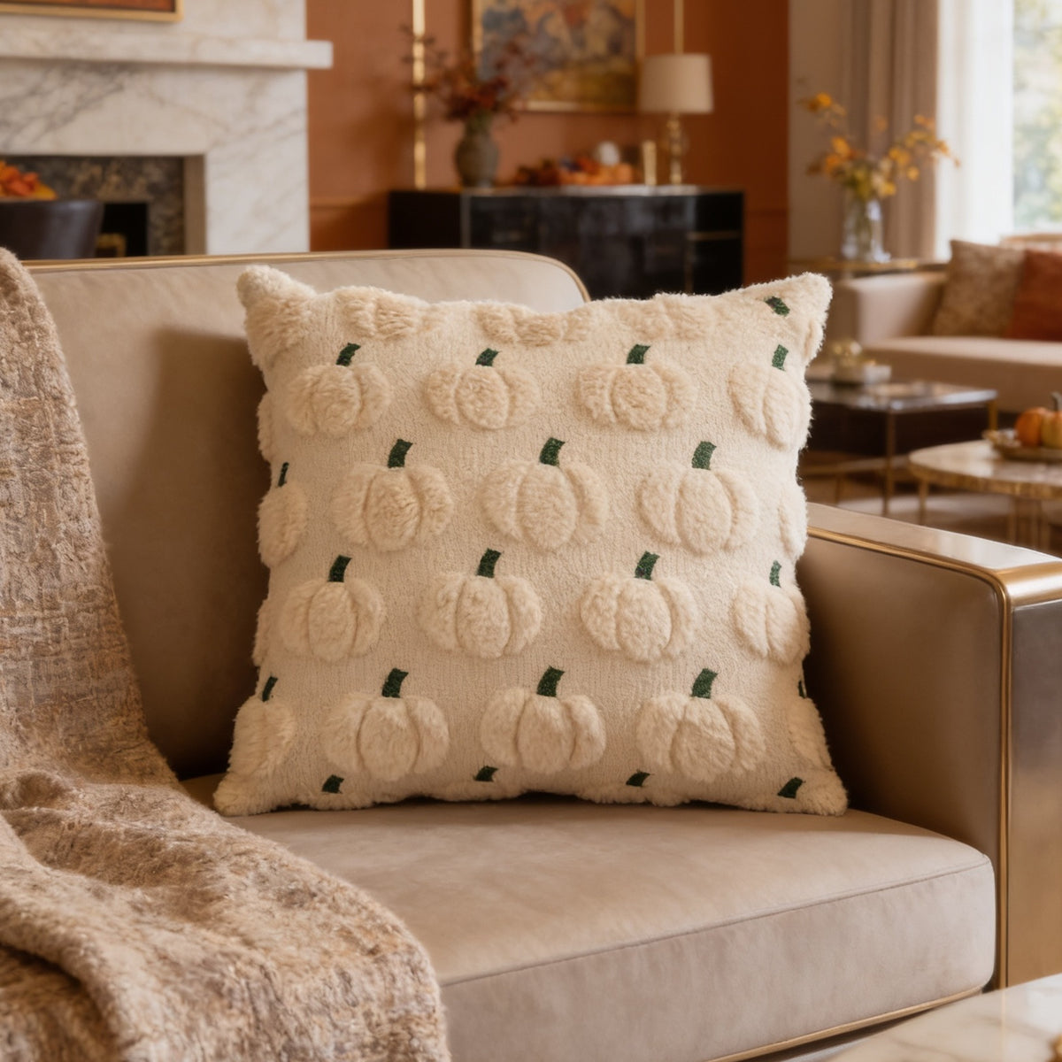 Ivory pumpkin textured cushion on a pale seat with a marble fireplace blurred behind