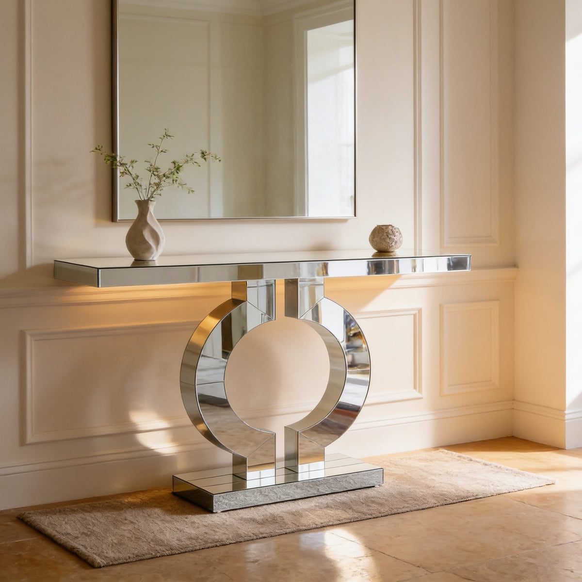 Mirrored console seen from an angle with a small vase of greenery on a soft rug