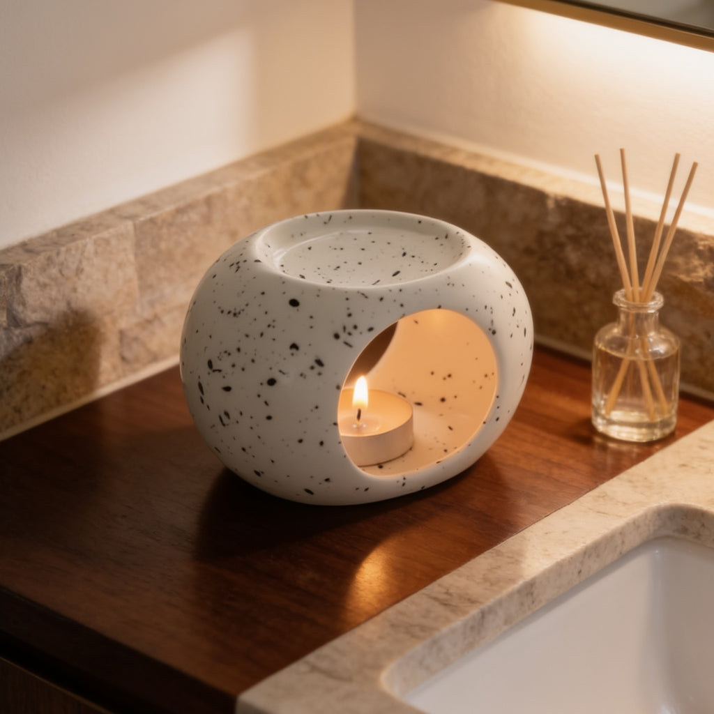 Speckled ceramic burner on dark wood beside a stone backsplash, tealight flame showing