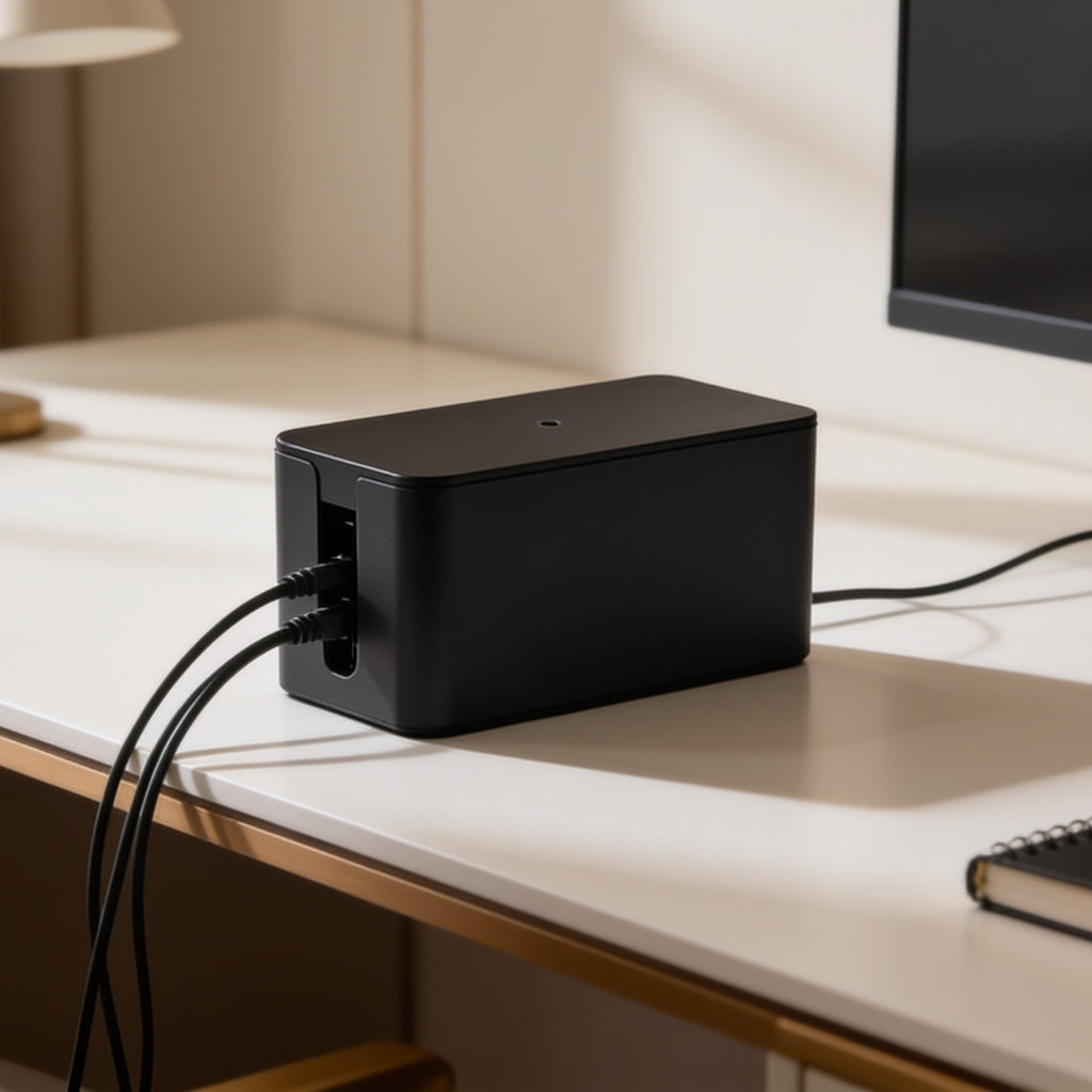 Black cord box at the corner of a pale desk with cables gathered at its left end