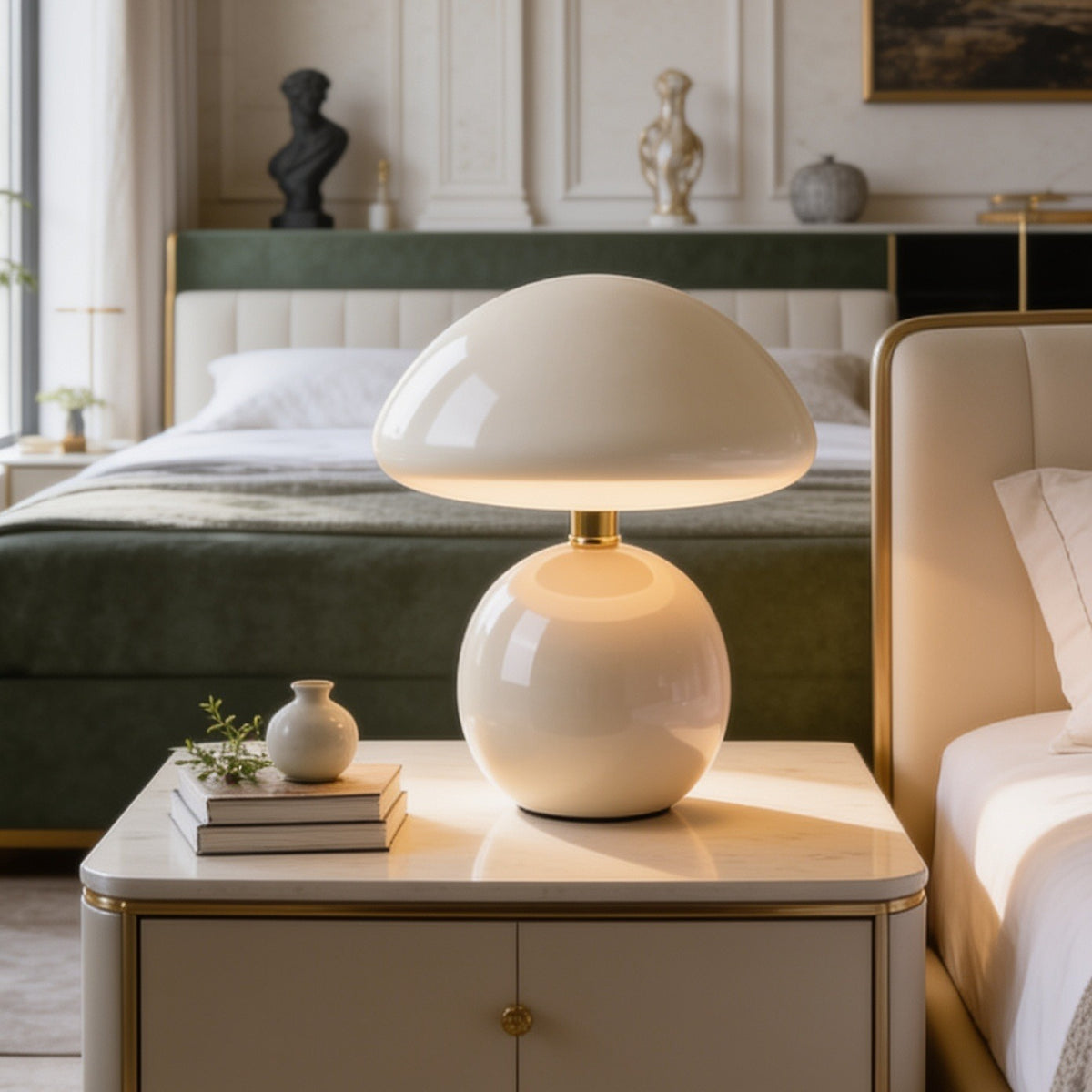 Mushroom lamp with a rounded ceramic base beside books on a bedside cabinet
