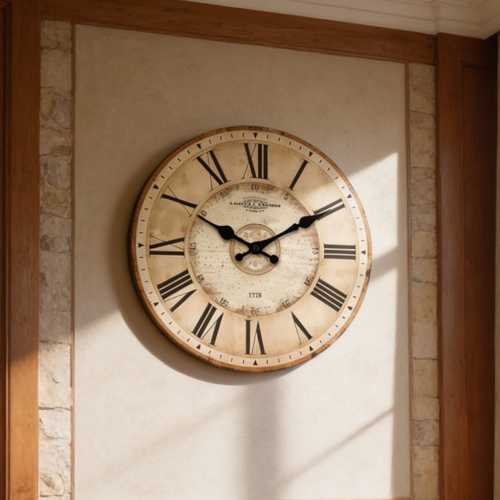 Aged roman numeral dial on a stone wall with sunlight falling across the plaster
