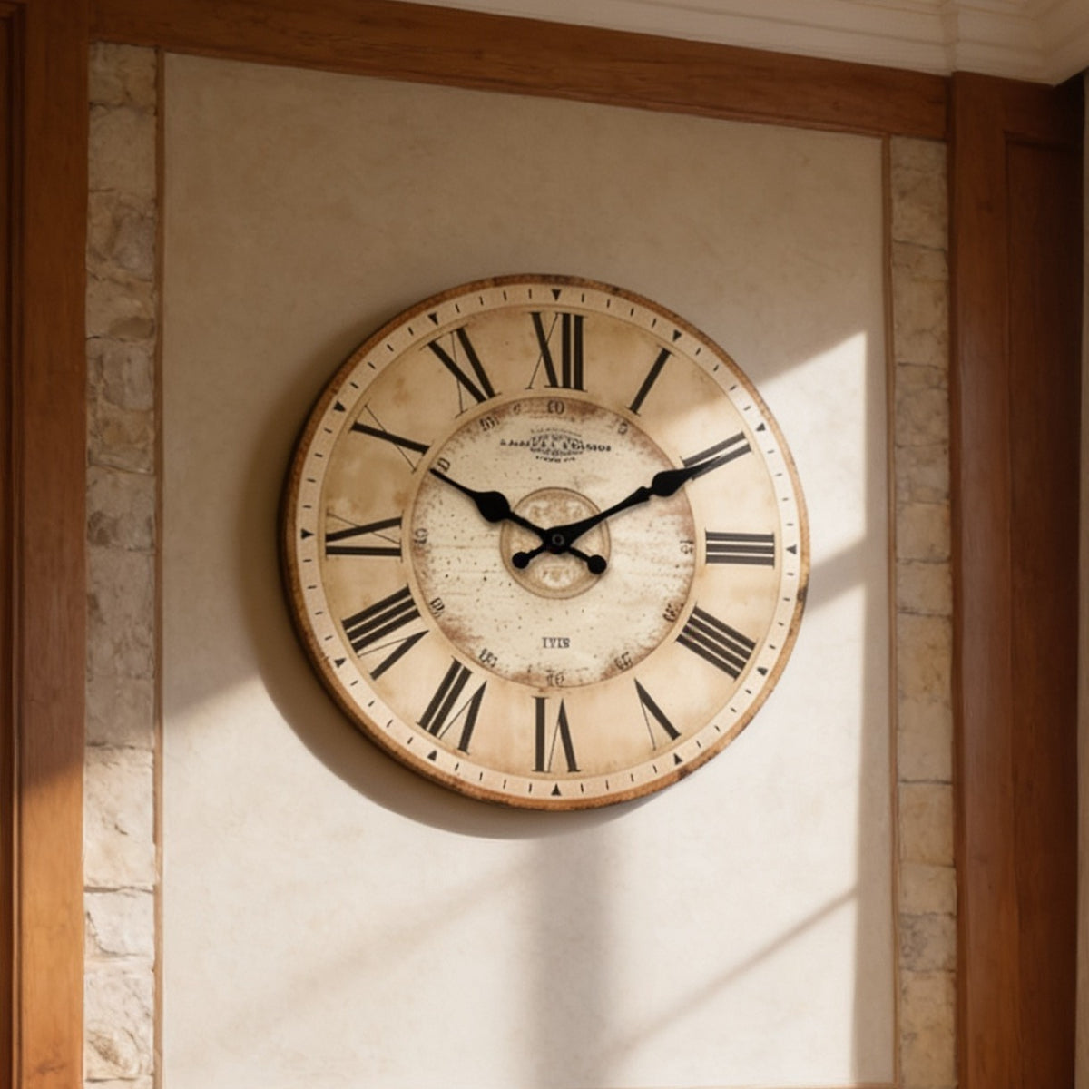 Aged roman numeral dial on a stone wall with sunlight falling across the plaster