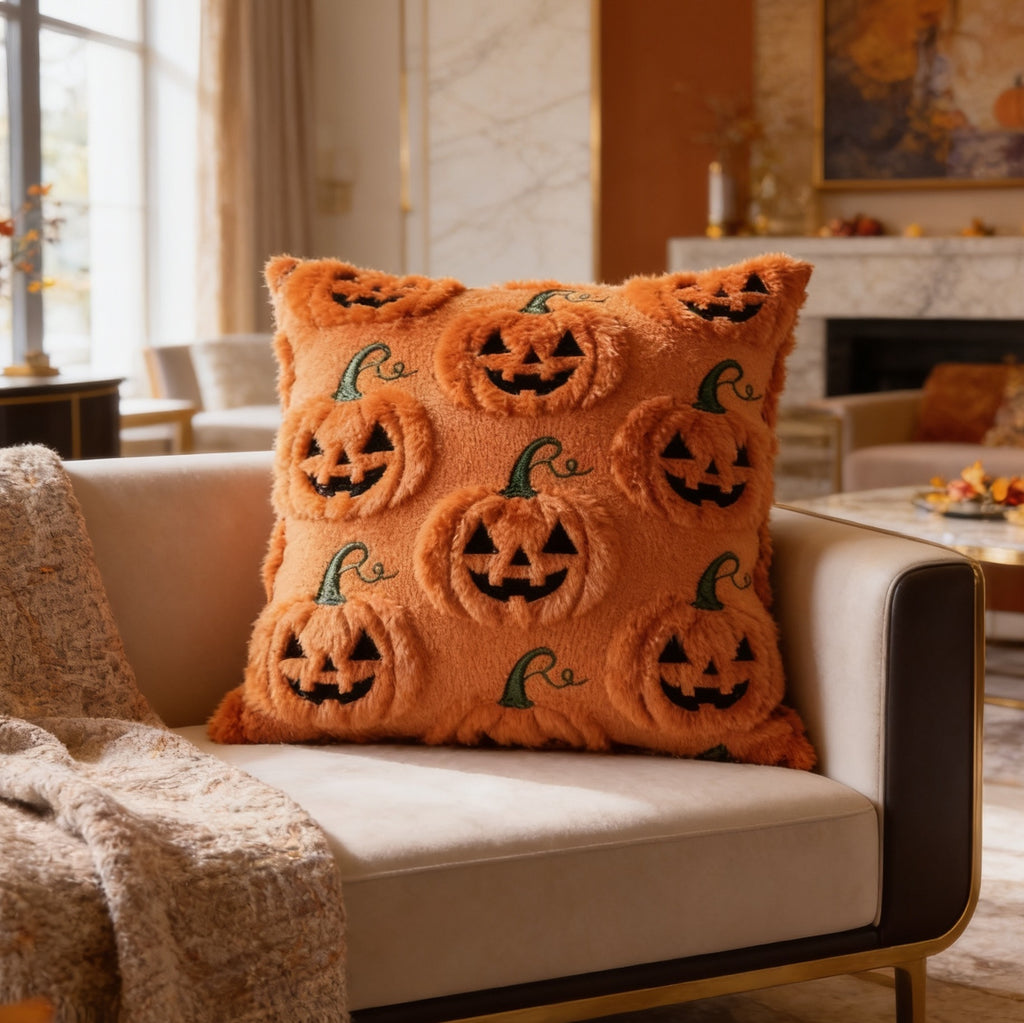 Carved pumpkin faces stitched across an orange cushion beside a folded knit throw