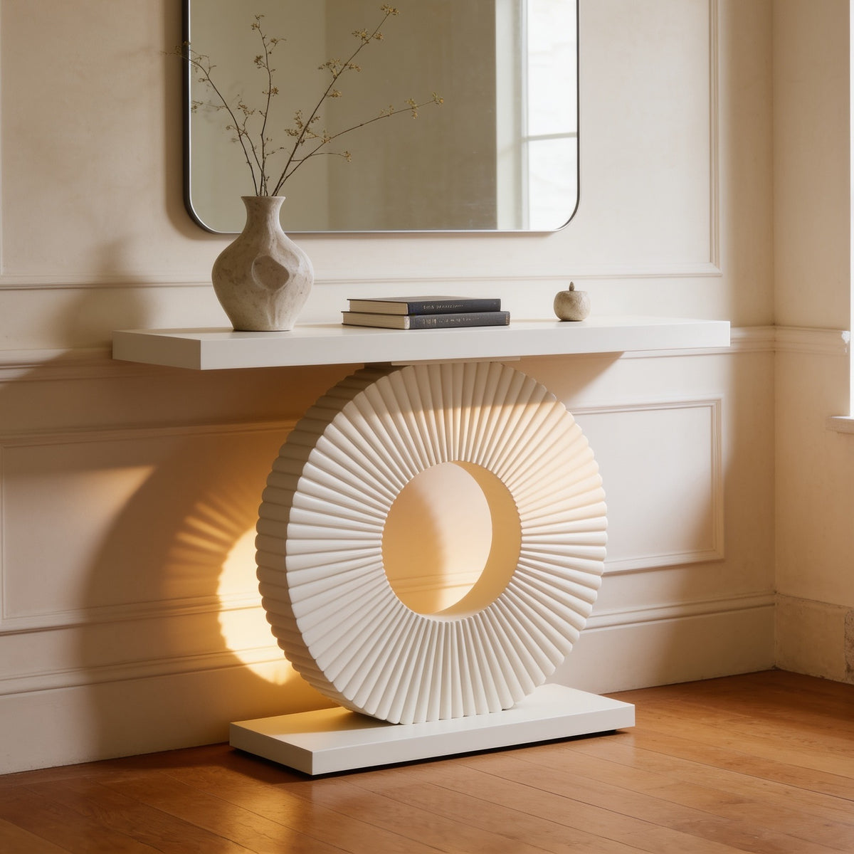 Warm light glowing behind the ribbed disc base of a white console table