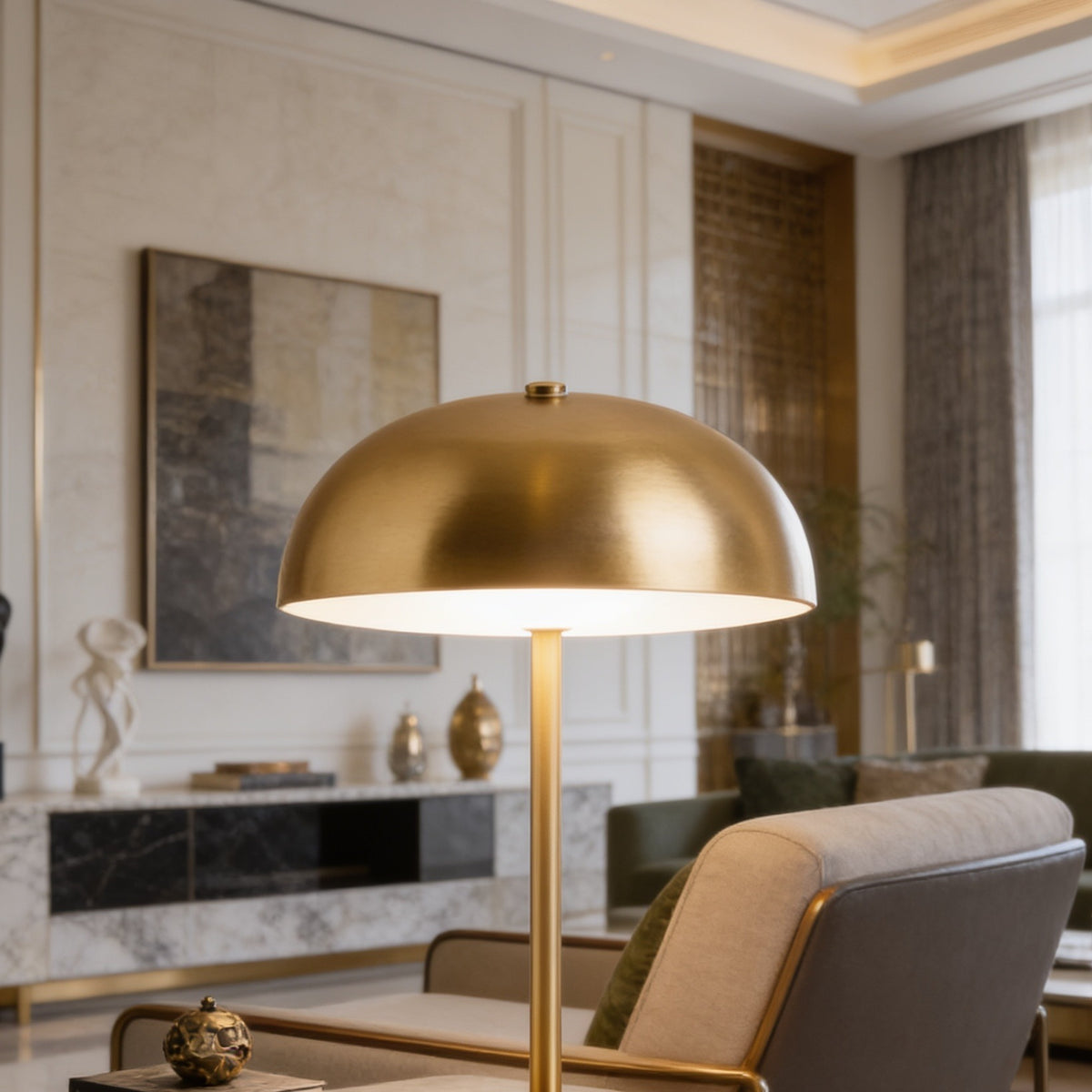 Brass dome accent lamp glowing in a living room with a fireplace and window