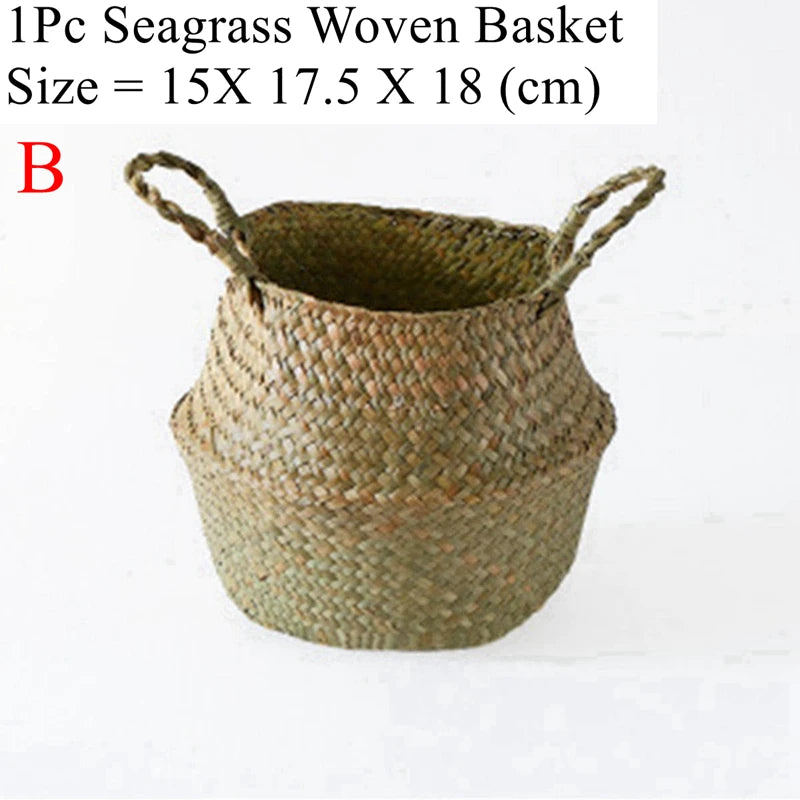 Size B seagrass belly basket with woven handles at the rim