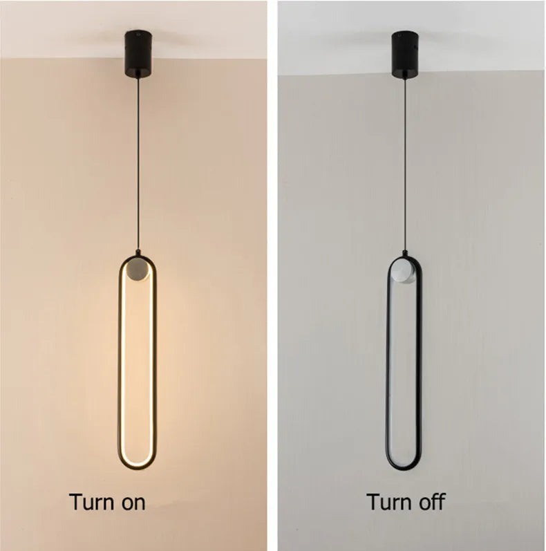 Two panels comparing the black loop pendant switched on and switched off
