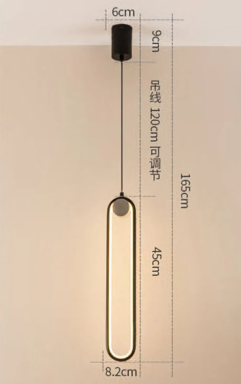 Dimension diagram of the black loop pendant showing shade size and cord drop