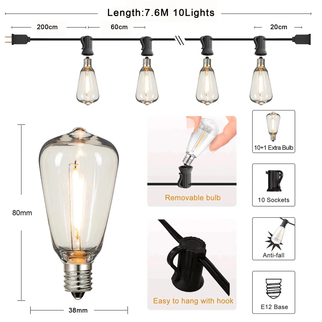 Spec diagram of the 7.6 m / 25 ft strand with 10 bulbs and hanging hook detail