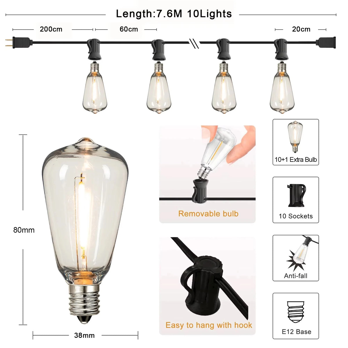 Spec diagram of the 7.6 m / 25 ft strand with 10 bulbs and hanging hook detail