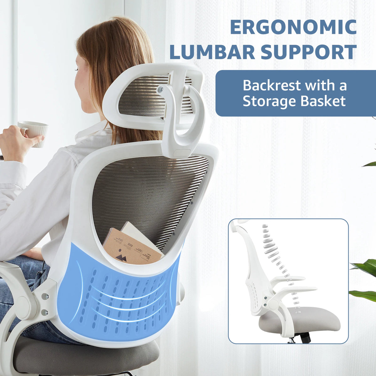 Feature panel showing the lumbar curve against a seated woman and the basket on the backrest