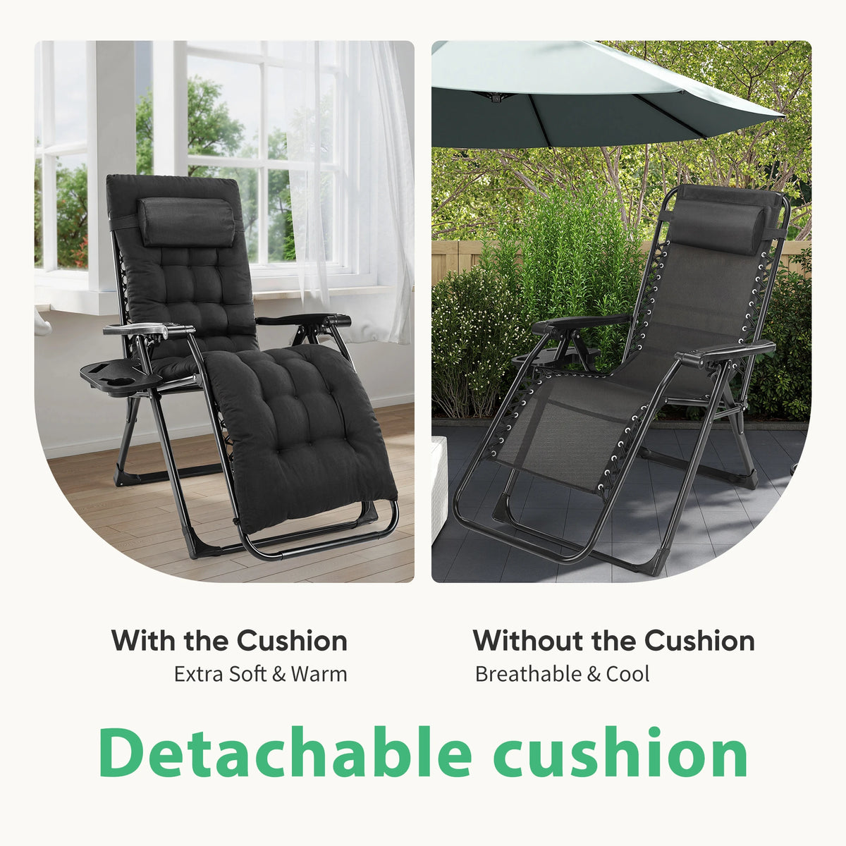 Side by side comparison of the recliner with the thick cushion on and with it removed