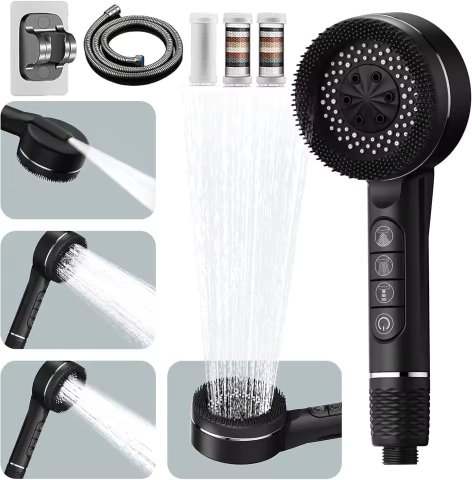 Filtered Massage Shower Head, Handheld ABS Sprayer with Silicone Tips, Button Spray Modes, Water Stop and Washable Filter, for Bathrooms
