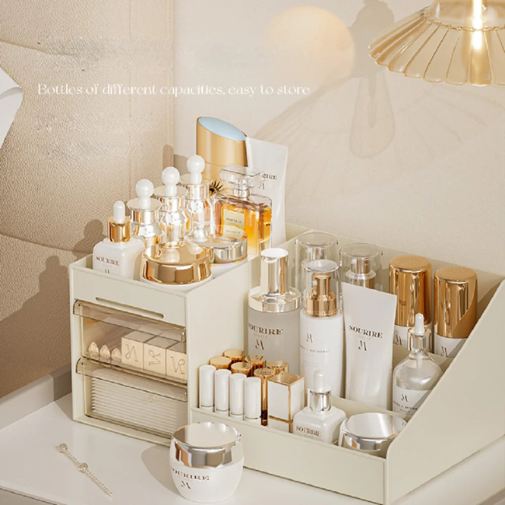 Close view of the organizer packed with lipsticks, tubes and dropper bottles