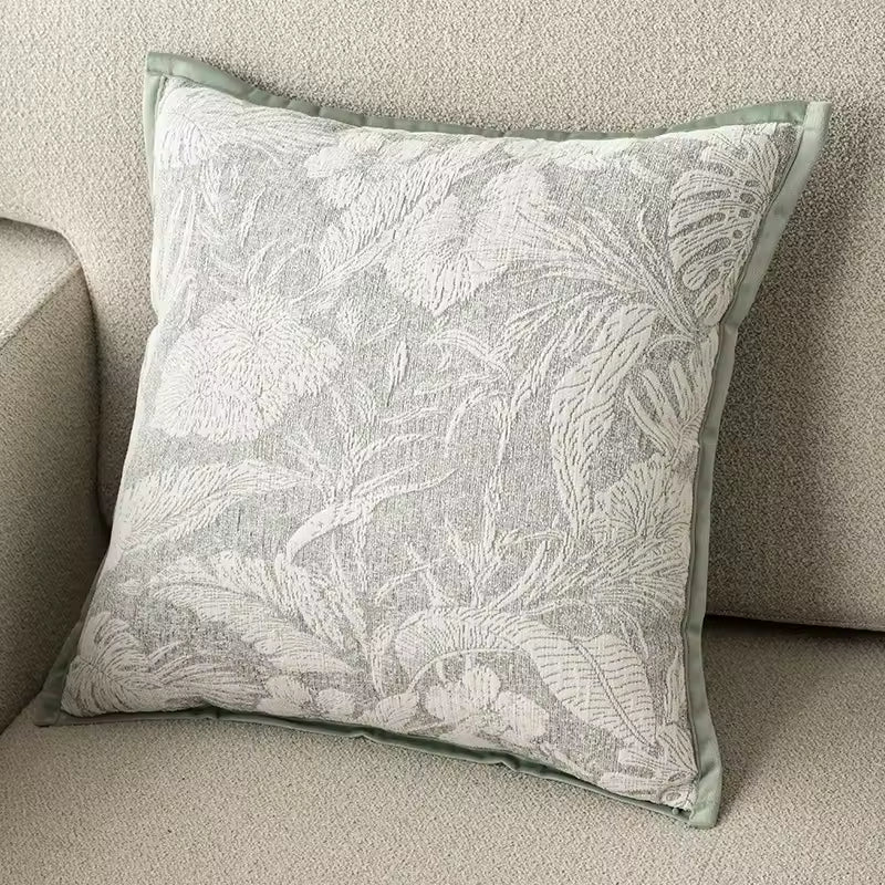 Sage Green Chenille Throw Pillow Cover, Woven Jacquard Cushion Case with Leaf and Floral Designs, 40 x 40 to 50 x 50 cm / 15.7 to 19.7 in