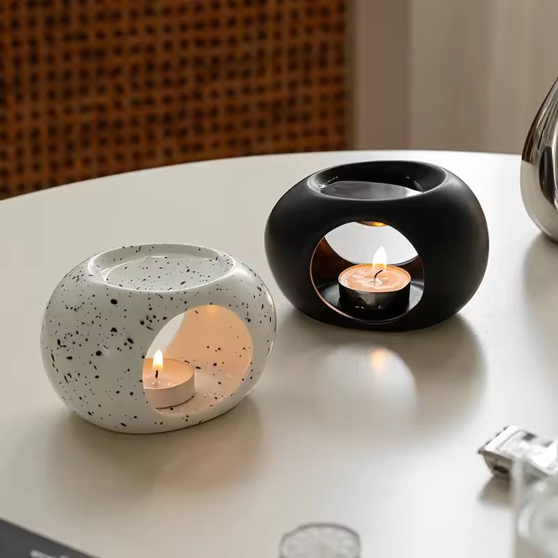 Ceramic Oil Warmer and Wax Melt Burner, Tealight Heated Pebble 10.5 cm / 4.1 in Long, Matte Black or Speckled White, Bedroom and Bathroom