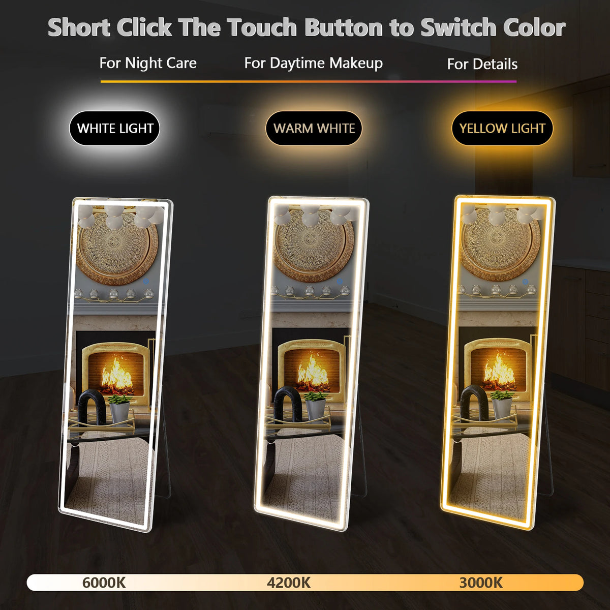 Three panels comparing the white, warm white and yellow light settings