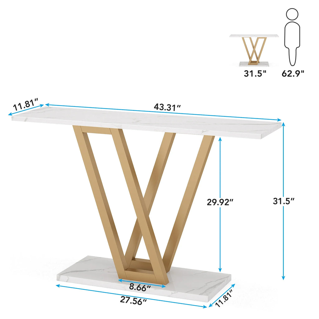 Dimension diagram of the white and gold console with a person outline for scale