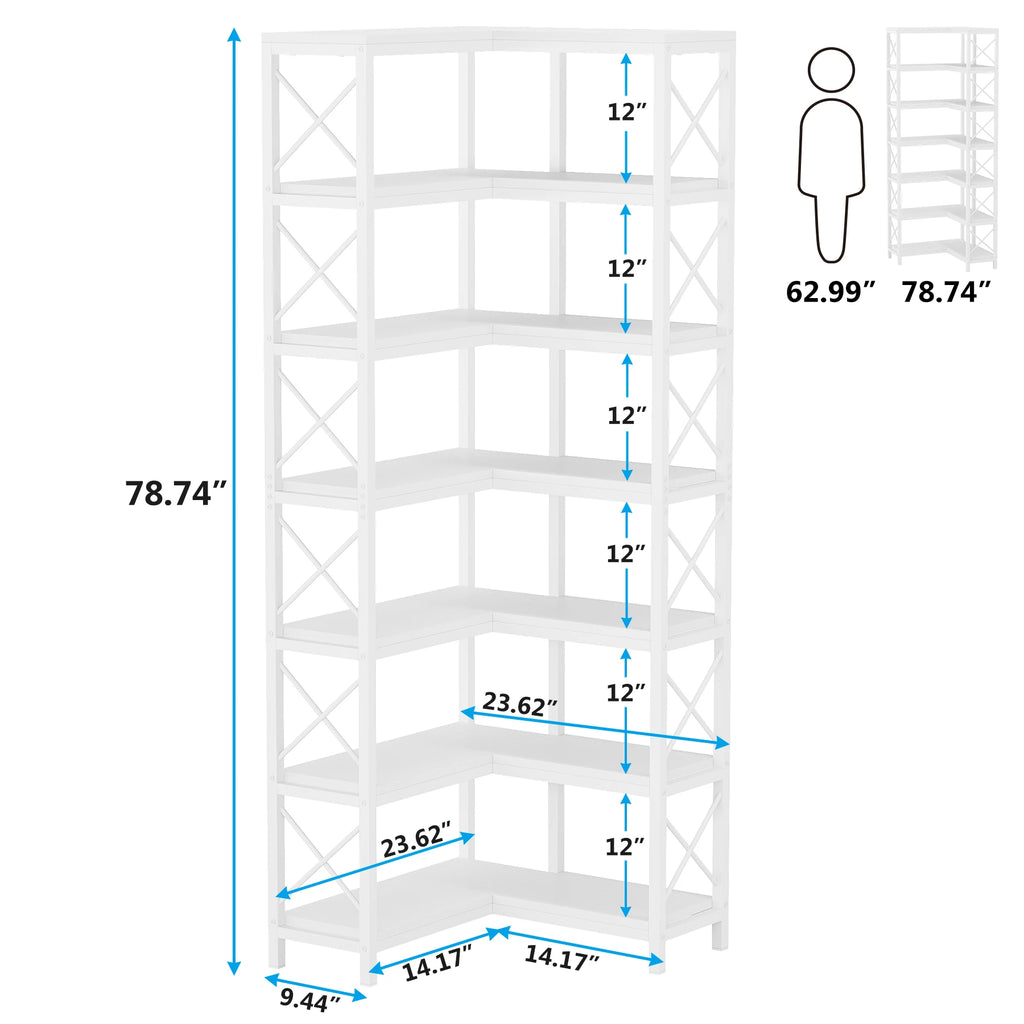 Size chart of the white corner bookshelf drawn as an outline with a figure