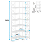 Size chart of the white corner bookshelf drawn as an outline with a figure