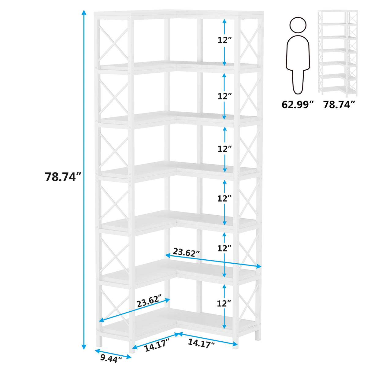Size chart of the white corner bookshelf drawn as an outline with a figure
