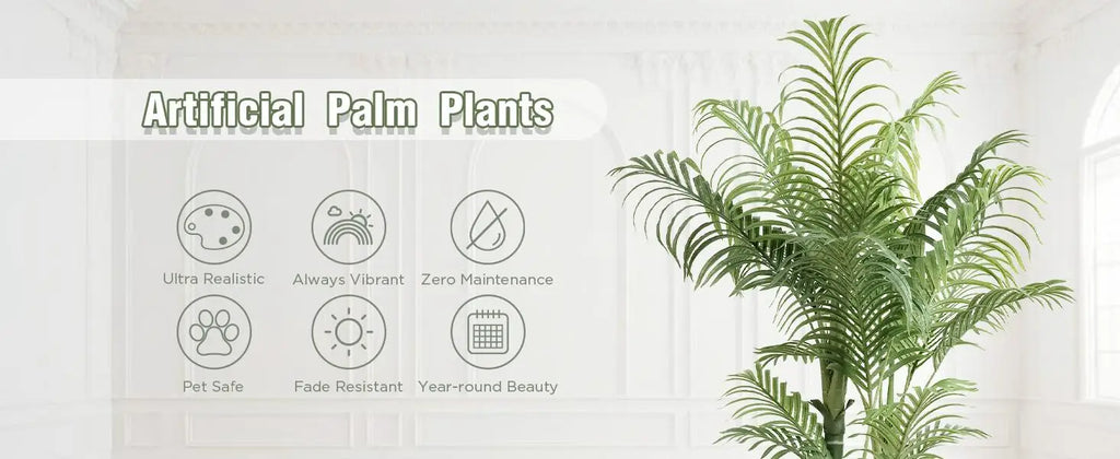 Icon panel headed artificial palm plants with fronds filling the right side