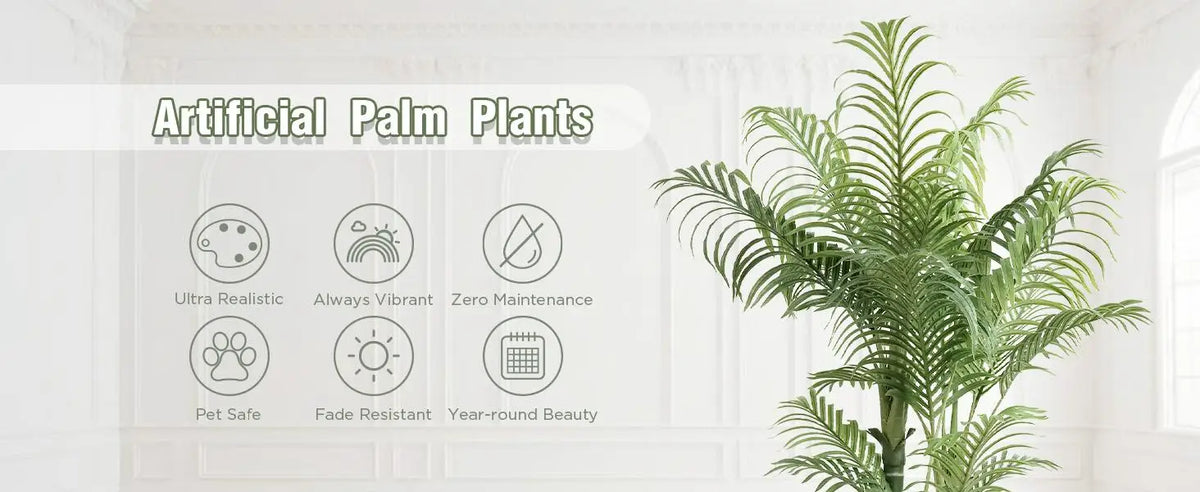 Icon panel headed artificial palm plants with fronds filling the right side