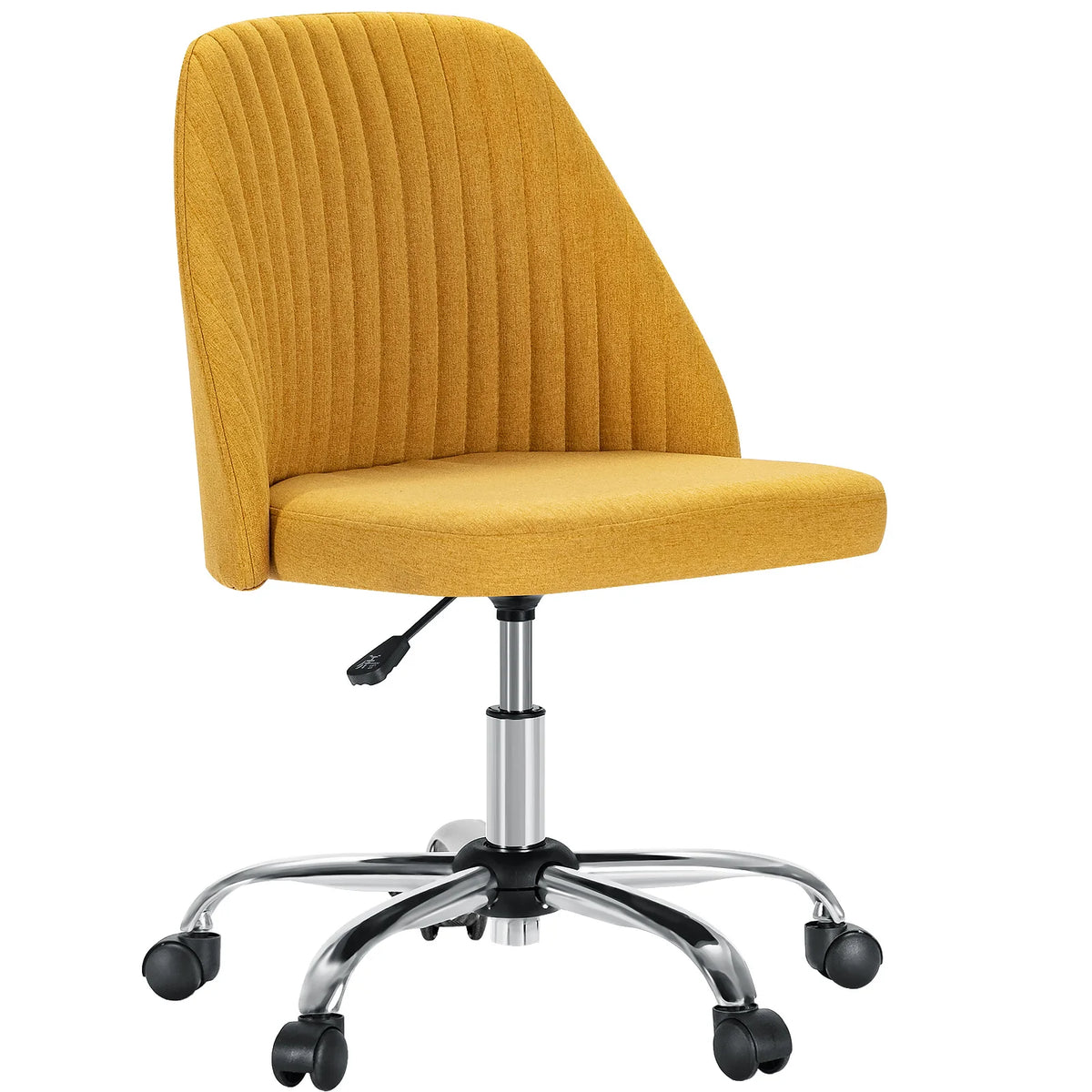 Yellow armless task chair with a ribbed backrest and chrome casters on white