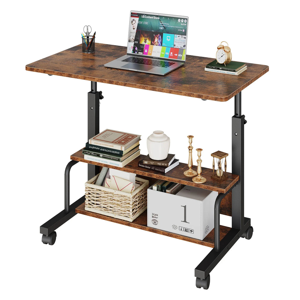 Brown rolling desk with a laptop, books and woven baskets on a white background