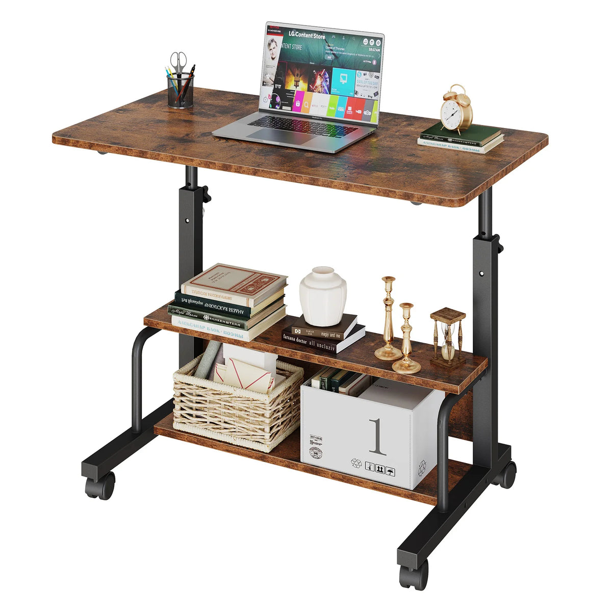 Brown rolling desk with a laptop, books and woven baskets on a white background