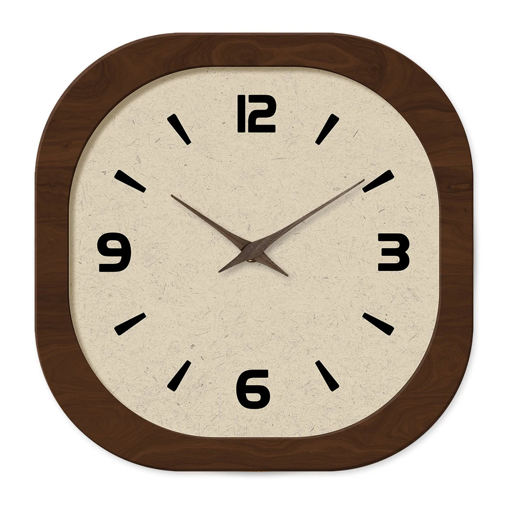 Straight on view of the cream clock face inside its rounded dark wood frame