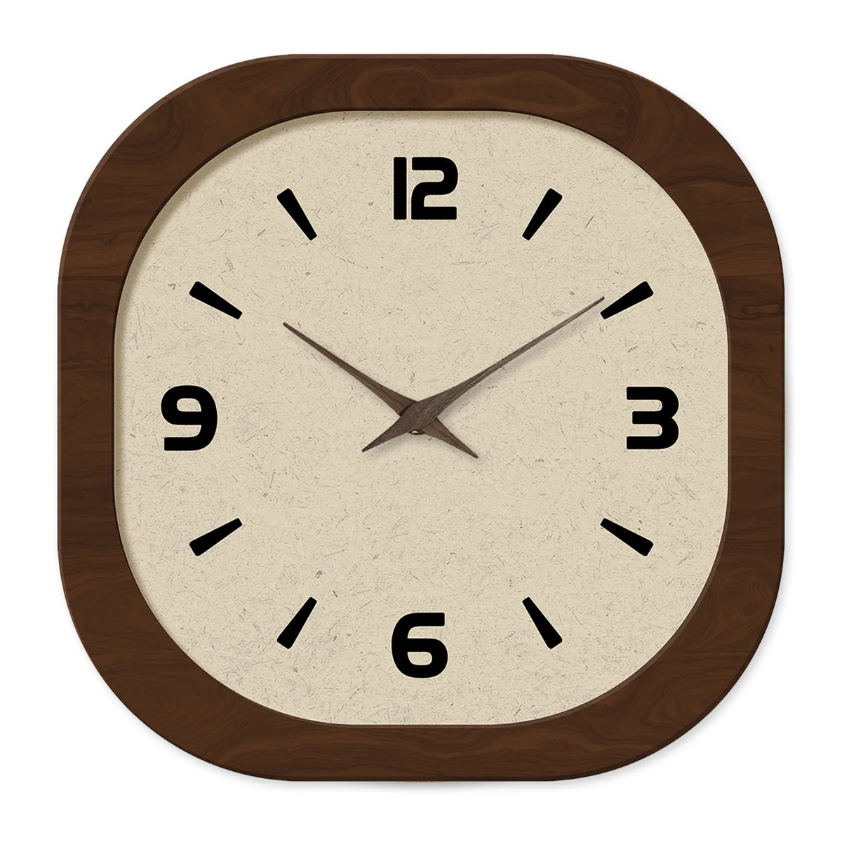 Straight on view of the cream clock face inside its rounded dark wood frame
