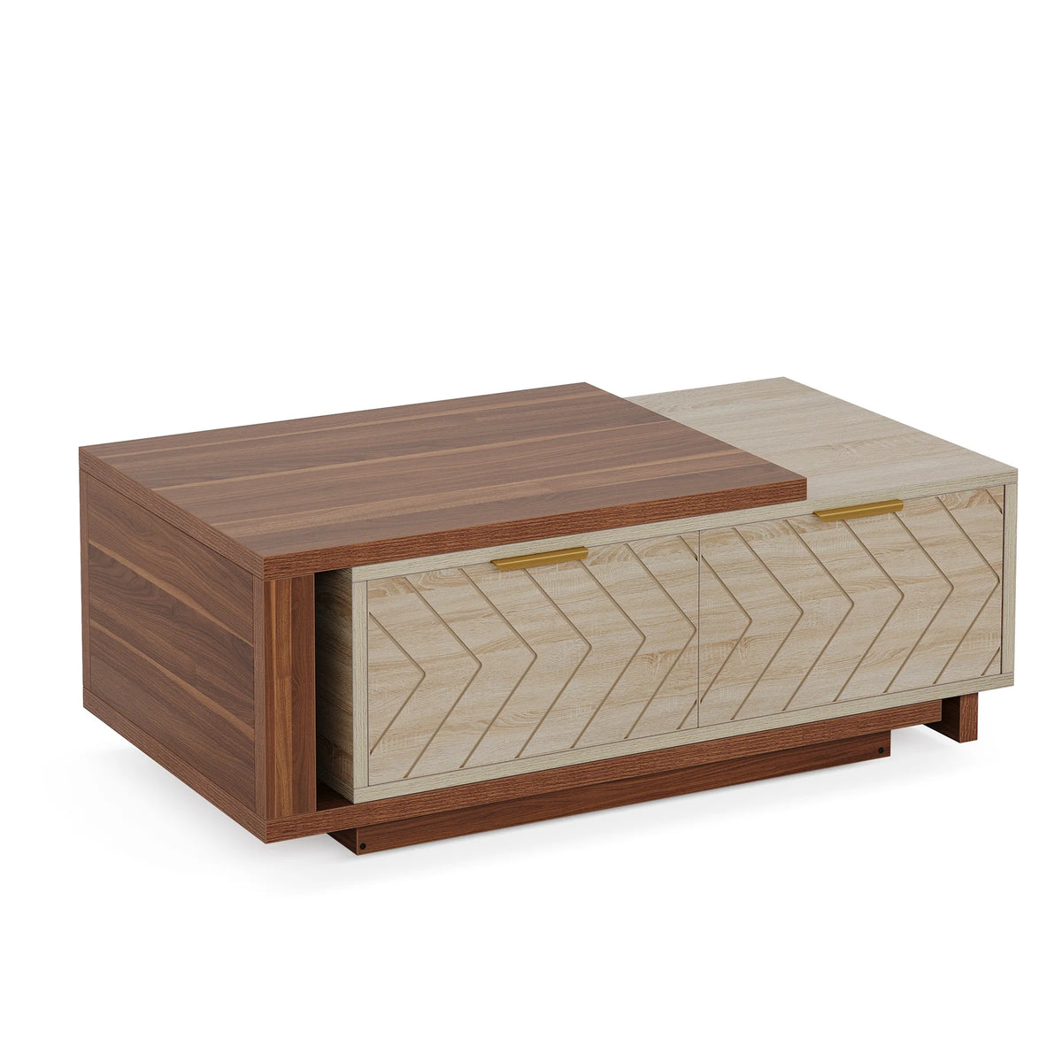 Studio render of the two drawer coffee table with its walnut top slid to one side