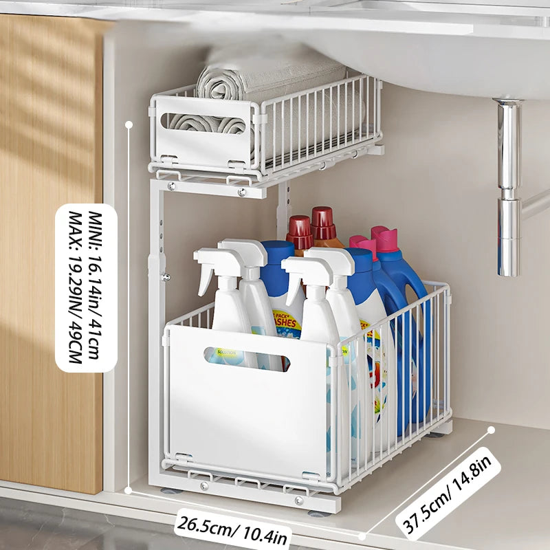 White rack in a cabinet marked with its base width depth and adjustable height