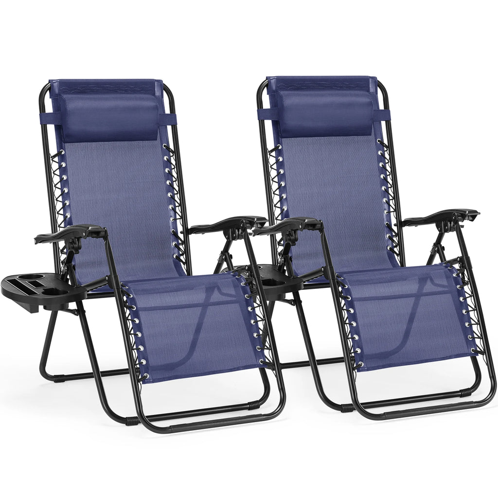 Pair of navy zero gravity recliners with cup holder trays lined up on a white background