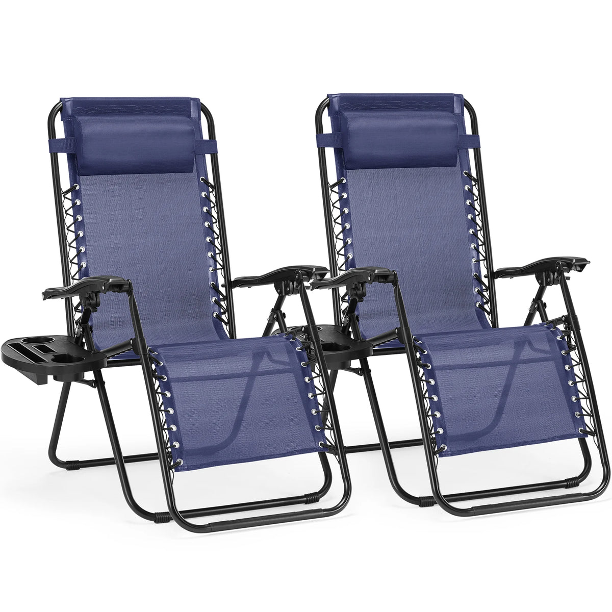 Pair of navy zero gravity recliners with cup holder trays lined up on a white background