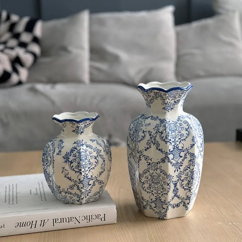 Blue and White Porcelain Vase, Faceted Ceramic Flower Vase, Scalloped Rim, Damask Print, Living Room Entryway, 15 cm / 5.9 in or 24 cm / 9.4 in
