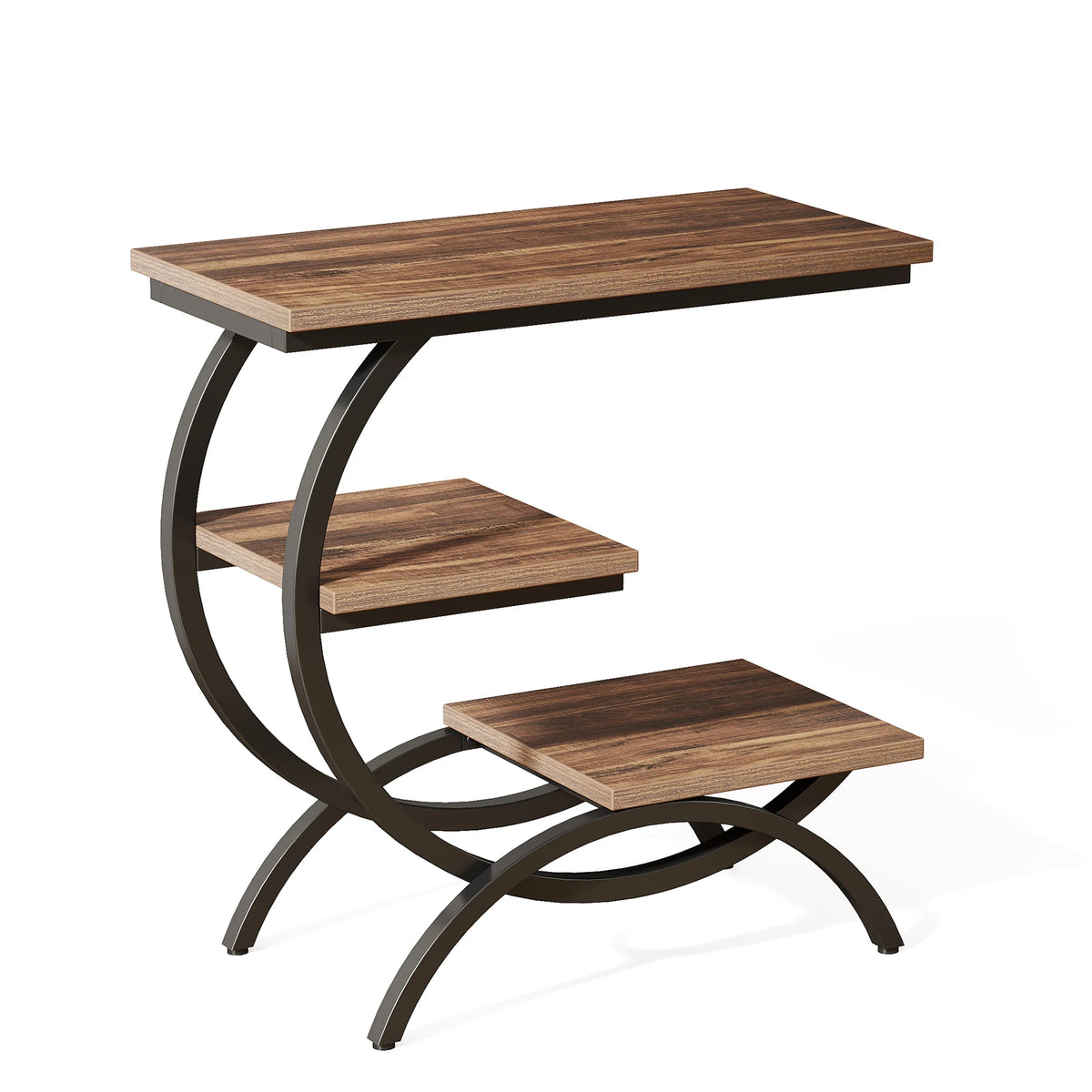 Plain white background view of the C shaped table with three walnut tone shelves