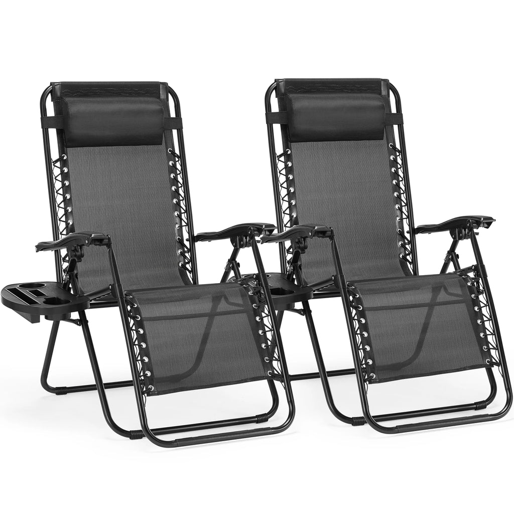 Pair of black zero gravity recliners with side trays shown together on a plain white background