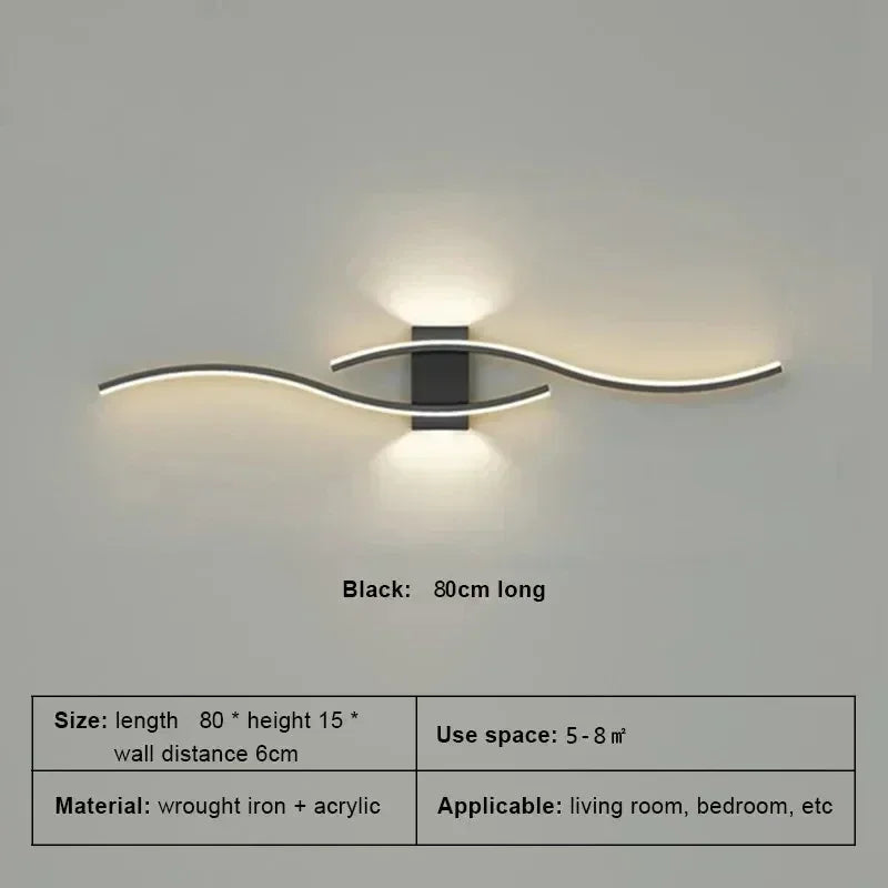 Curved LED Wall Sconce, 60 cm (23.6 in) / 80 cm (31.5 in) Wavy Metal Light Bar, Up and Down Glow, Modern Wall Light for Living Room