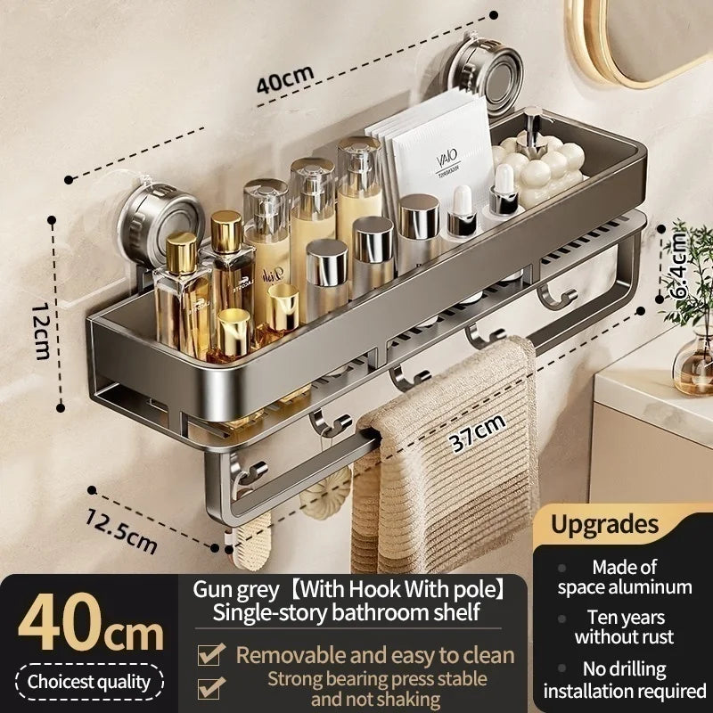 Feature diagram of the 40 cm / 15.7 in gray shelf with hooks and a hanging rail